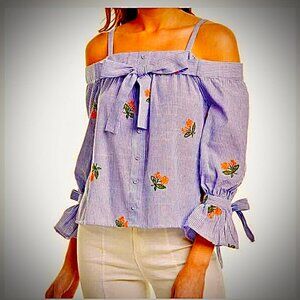 NWT JOA Boho Chambray Stripe Blouse Embroidered Floral Cold Shoulder S, M
